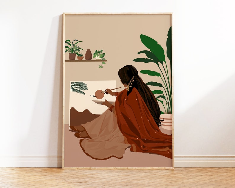 May include: A digital illustration of a woman in a red and beige outfit painting a landscape with a brush. The woman is sitting on the floor with her back to the viewer. There are plants in pots on a shelf behind her.