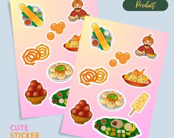 Hoja de pegatinas de comida india, pegatina linda desi, pegatina india, regalo indio divertido y lindo, Laddoo, Jalebi, Pani Puri, Dosa, Kulfi, pegatina para laptop
