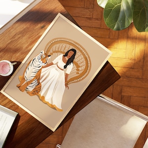 May include: A woman in a white dress sits on a golden peacock throne with a tiger beside her. The background is a light brown color.
