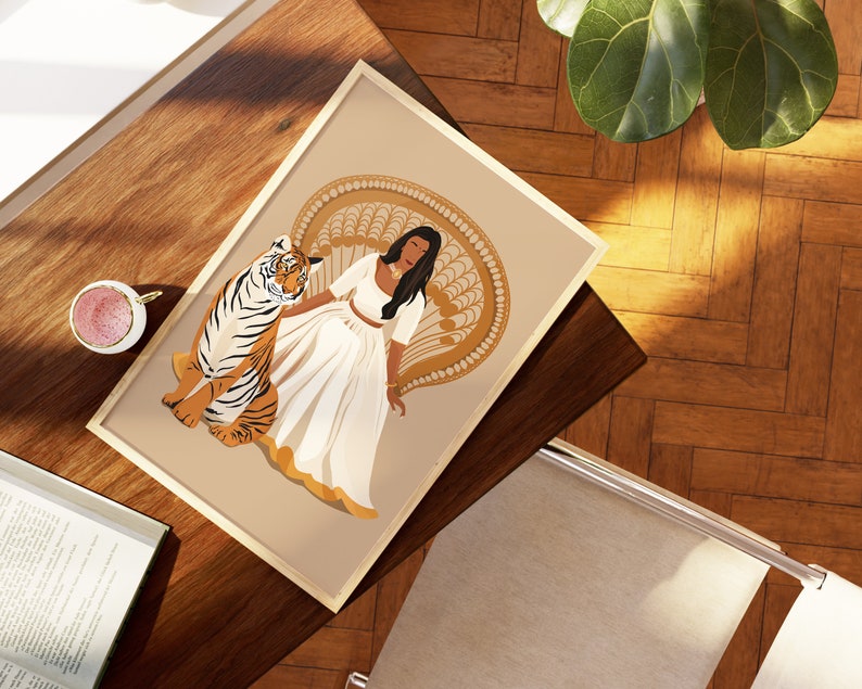 May include: A woman in a white dress sits on a golden peacock throne with a tiger beside her. The background is a light brown color.