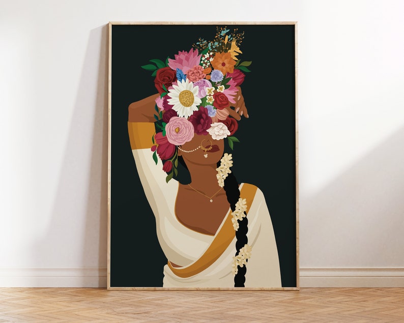 Indian Woman Flower Head Wall Art Desi Art Flower Woman Art Etsy