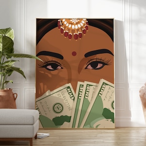 May include: A digital illustration of a woman's face with a red dot on her forehead and a gold and red jeweled headpiece. The woman's eyes are looking directly at the viewer. The bottom half of the woman's face is covered by several US $100 bills.