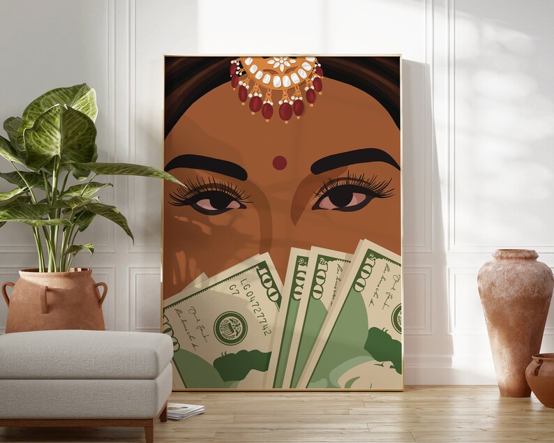 May include: A digital illustration of a woman's face with a red dot on her forehead and a gold and red jeweled headpiece. The woman's eyes are looking directly at the viewer. The bottom half of the woman's face is covered by several US $100 bills.