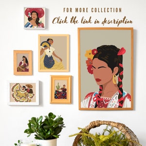 May include: Five framed illustrations of women in traditional Mexican clothing. The illustrations are in various colours and feature floral patterns, braids, and traditional clothing. The frames are all wooden and have a natural finish.