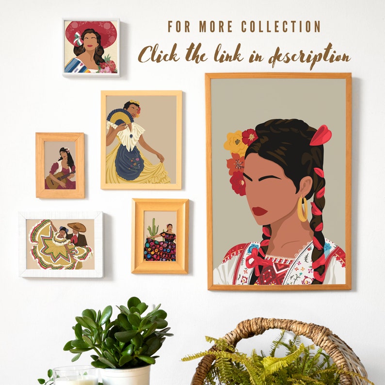 May include: Five framed illustrations of women in traditional Mexican clothing. The illustrations are in various colours and feature floral patterns, braids, and traditional clothing. The frames are all wooden and have a natural finish.