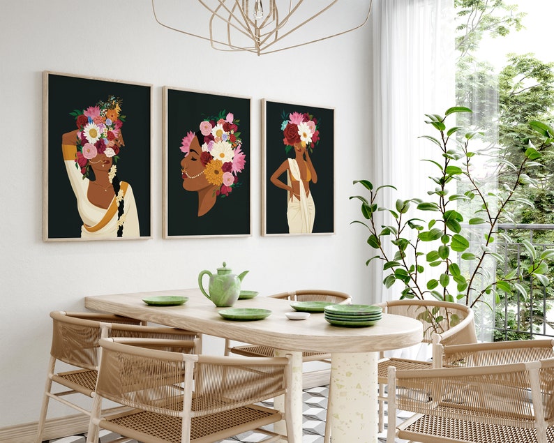 Set of 3 Modern Indian Woman Art Flower Head Wall Art Desi Etsy