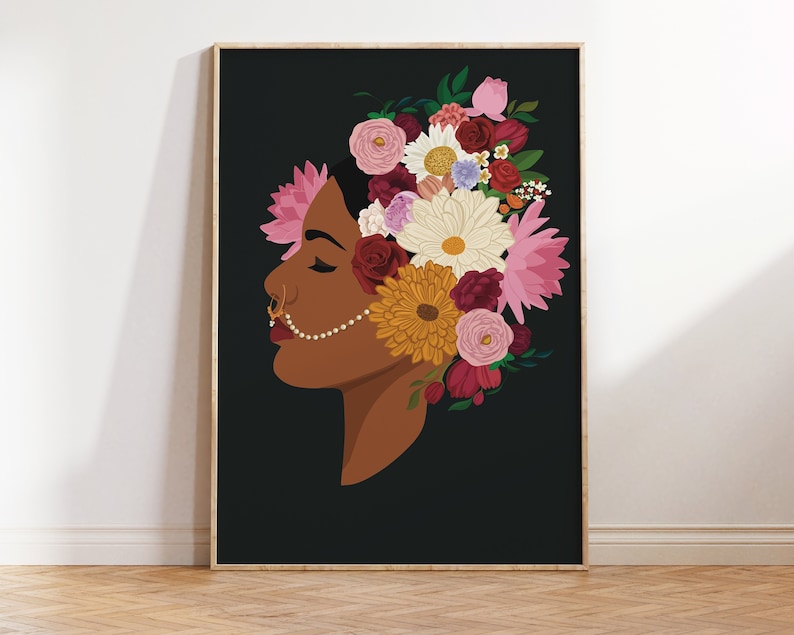 Indian Woman Flower Head Wall Art Desi Art Indian Art Etsy