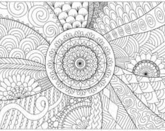May include: A black and white intricate mandala design with various patterns, including swirls, waves, and floral motifs. The mandala is surrounded by a border of smaller patterns.