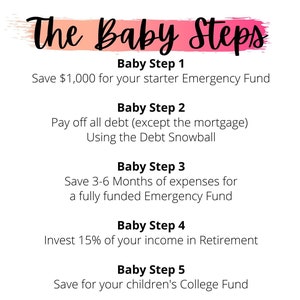 Puede incluir: Un gráfico rosa y blanco con el texto "The Baby Steps" en la parte superior. El gráfico enumera siete pasos para el éxito financiero, que incluyen ahorrar para un fondo de emergencia, pagar deudas, invertir en la jubilación y construir riqueza.