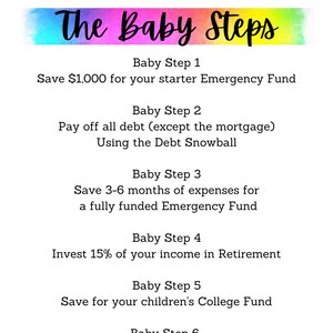 May include: A colorful infographic titled "The Baby Steps" outlines a seven-step financial plan. Each step includes a brief description of the financial goal, such as saving for an emergency fund, paying off debt, and investing in retirement.