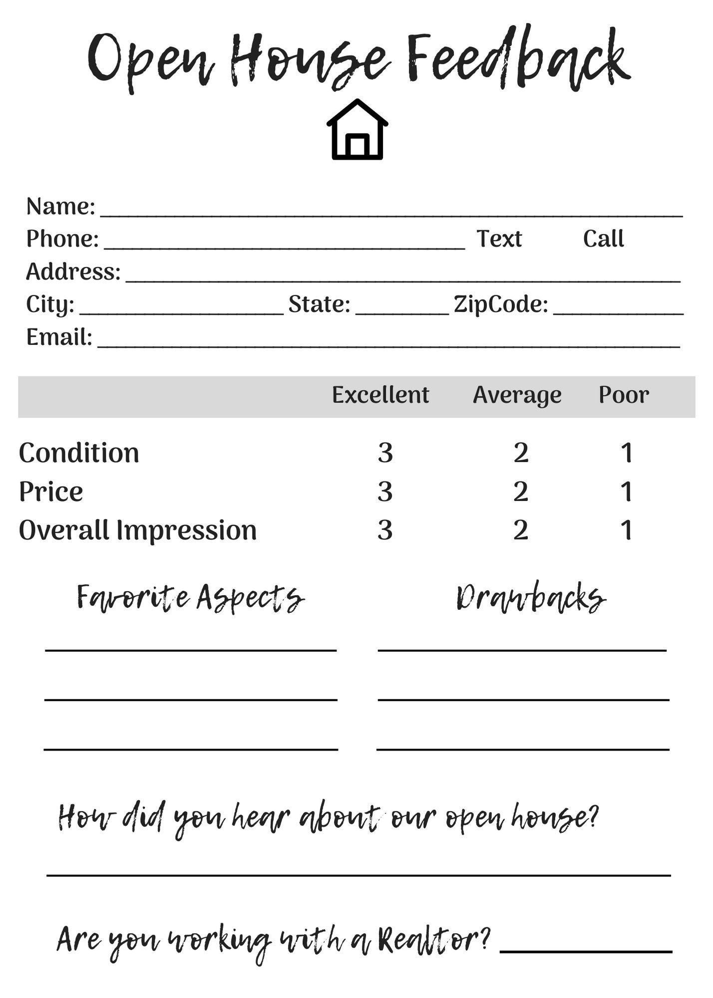 Open House Feedback Printable Etsy