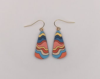 Groovy Wave in Warm Colors, Wooden Earrings, Bold Earrings, Hand-Painted, colorful earrings