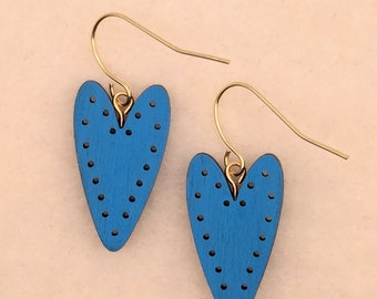 Blue Hearts, Wooden Earrings, Bold Earrings, Hand-Painted, colorful earrings