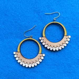 Fan Hoop Earrings in White and Yellow with Lavender Back - Hand painted laser engraved design