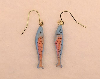 Little Rainbow Fish Earrings in Light Blue and Pink, Wooden Earrings, Bold Earrings, Hand-Painted, colorful earrings