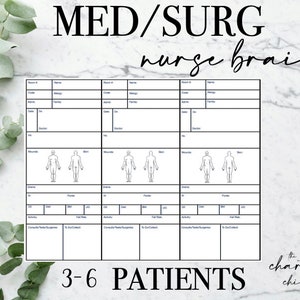 May include: A printable medical chart template for nurses. The chart is designed to track 3-6 patients and includes sections for patient information, vital signs, medications, and more. The text "MED/SURG nurse brain" is at the top of the page. The text "3-6 PATIENTS" is at the bottom of the page. The text "the charting chicks" is in the bottom right corner of the page.