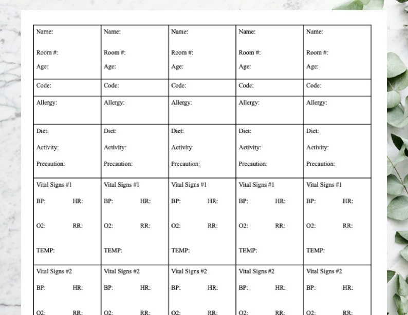CNA/PCT/AIDE Report Sheet for 5 Patients Instant Download & Printable