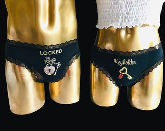Partner set: Women&#39;s lace thong &quot;LOCKED - You possess me&quot; for HIM + lace thong &quot;Keyholder&quot; for HER