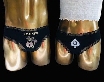 Partner set: Women's lace thong "LOCKED - You possess me" for HIM + lace thong "Queen of Spades" for HER