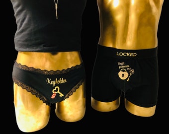 Partner set: "Locked - <YourName> possesses me" boxer shorts + "Keyholder" thong and the chaste's personalized keyring