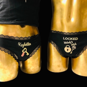 Partner set: Women&#39;s lace thong &quot;LOCKED - &lt;YourNames&gt; bitch&quot; for HIM + lace thong &quot;Keyholder&quot; for HER with personalized dog tag