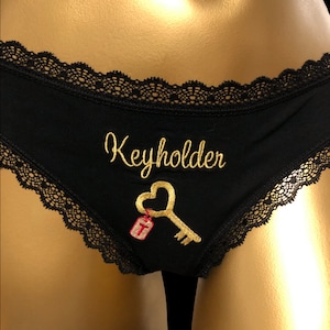 Hotwife lace thong with &quot;Keyholder&quot; embroidery and personalized keychain with the chaste man&#39;s initial [Item No. 2TB-001]