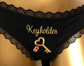 Hotwife lace thong with "Keyholder" embroidery and personalized keychain with the chaste woman's initial [Item No. 2TB-001]