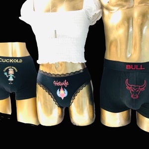3-piece partner set: boxer shorts “Cuckold Cleaning Service” + thong “Hotwife” + boxer shorts “BULL”