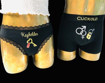 Partner set: Boxer shorts &quot;Cuckold - MF M&quot; + lace thong &quot;Keyholder&quot; with personalized keyring with the chaste man&#39;s initial