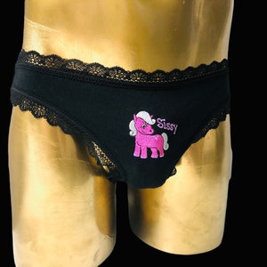 Sissy Crossdress ladies' lace thong for HIM - embroidered with a pink unicorn "Sissy" [Item No. 1TB-003]