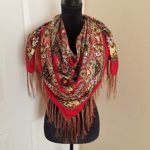 Floral Tassel Shawl - Ukrainian Traditional Shawl - Women Wrap - Flower Fringe Shawl - Russian Square Scarf - Pavloposad Floral Shawl