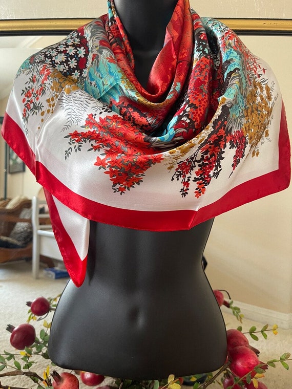 Floral Scarf - Red flowers Scarf - Neck Silk Scarf