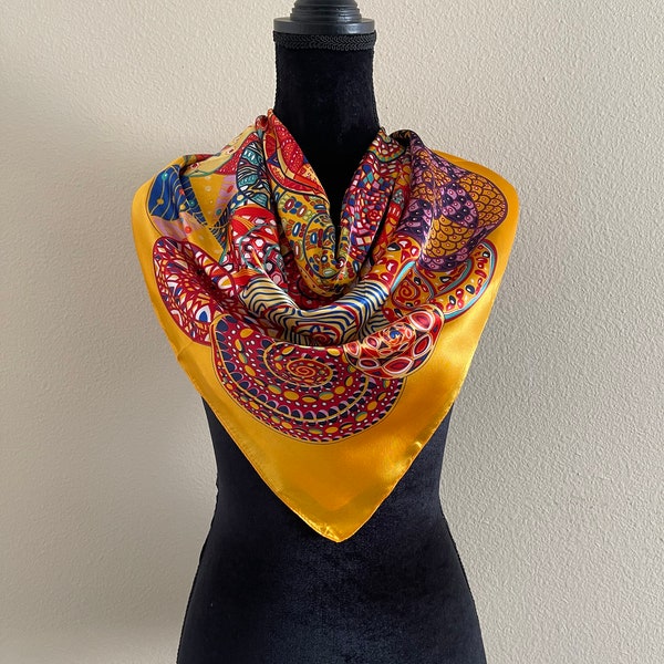 Yellow Scarf - Women Scarf - Head Silk Scarf - Vintage Scarf 80s - Vintage Silk Scarf 90s - Luxury Silk Scarf - Women Fashion Designer Scarf