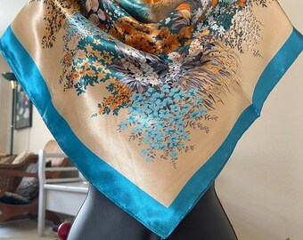 Floral Scarf - Blue flowers Scarf - Neck Silk Scarf - Head Scarf - Fashion Scarf - Luxury Silk Scarf - Designer Scarf - Hair Scarf - Bandana