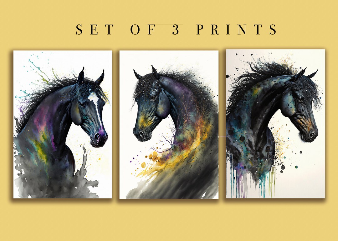 INSTANT DOWNLOAD Black Horse Print Set of 3, Digital Painting