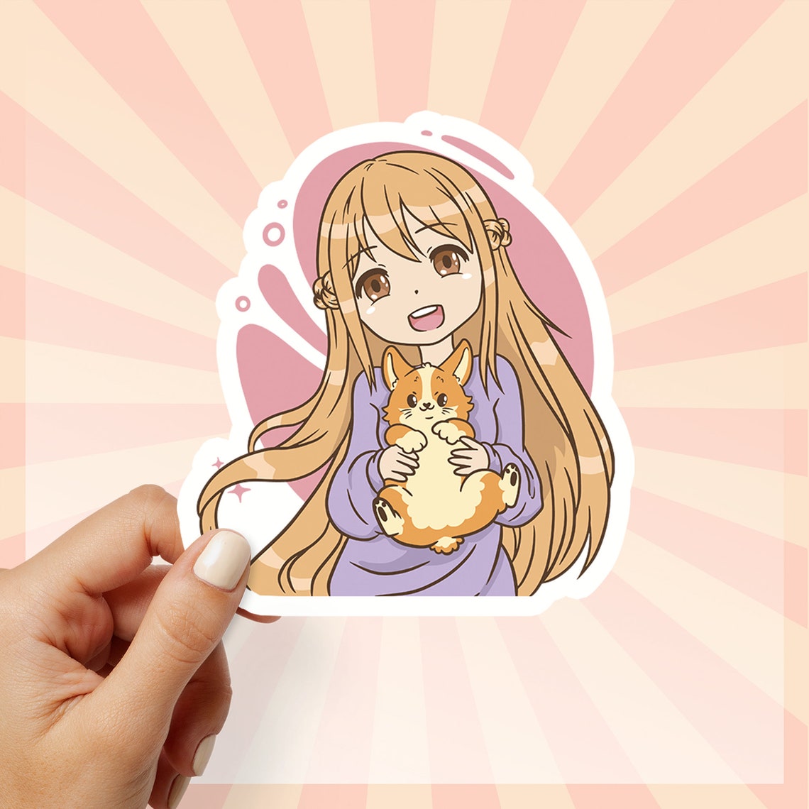 Anime Girl Vinyl Sticker Holding Corgi Dog Kawaii Sticker | Etsy