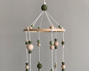 Green Baby Mobile, Wood Ball Mobile, Boho Baby Nursery, Boy Baby Mobile, Olive Light Green and Natural Mobile.