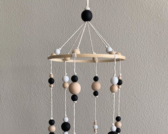 Black and White Baby Mobile, Wood Ball Mobile, Boho Baby Nursery, Gender Neutral Baby Mobile