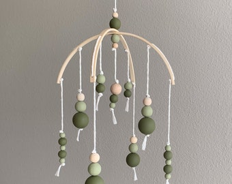 Green Wood Ball Baby Mobile, Wood Ball Mobile, Boho Baby Nursery,  Neutral Baby Mobile, Baby Mobile, Nursery Decor, Half Moon Mobile
