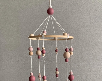 Blush & Rose Wood Ball Baby Mobile, Wood Ball Mobile, Boho Baby Nursery, Girl Neutral Baby Mobile, Baby Mobile, Nursery Decor