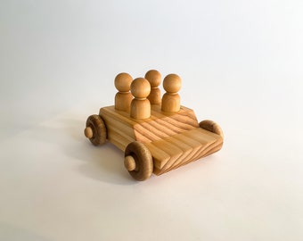 Wooden Toy Car with Peg People: Montessori Push Toy, Handmade Wood Car