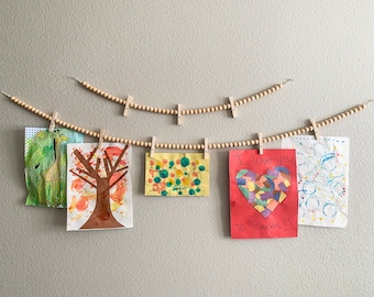 Wood Bead Garland, Clip Garland, Kids Art Display, Wood Bead Garland with Clips, Playroom Decor, Classroom Decor, Photo Display