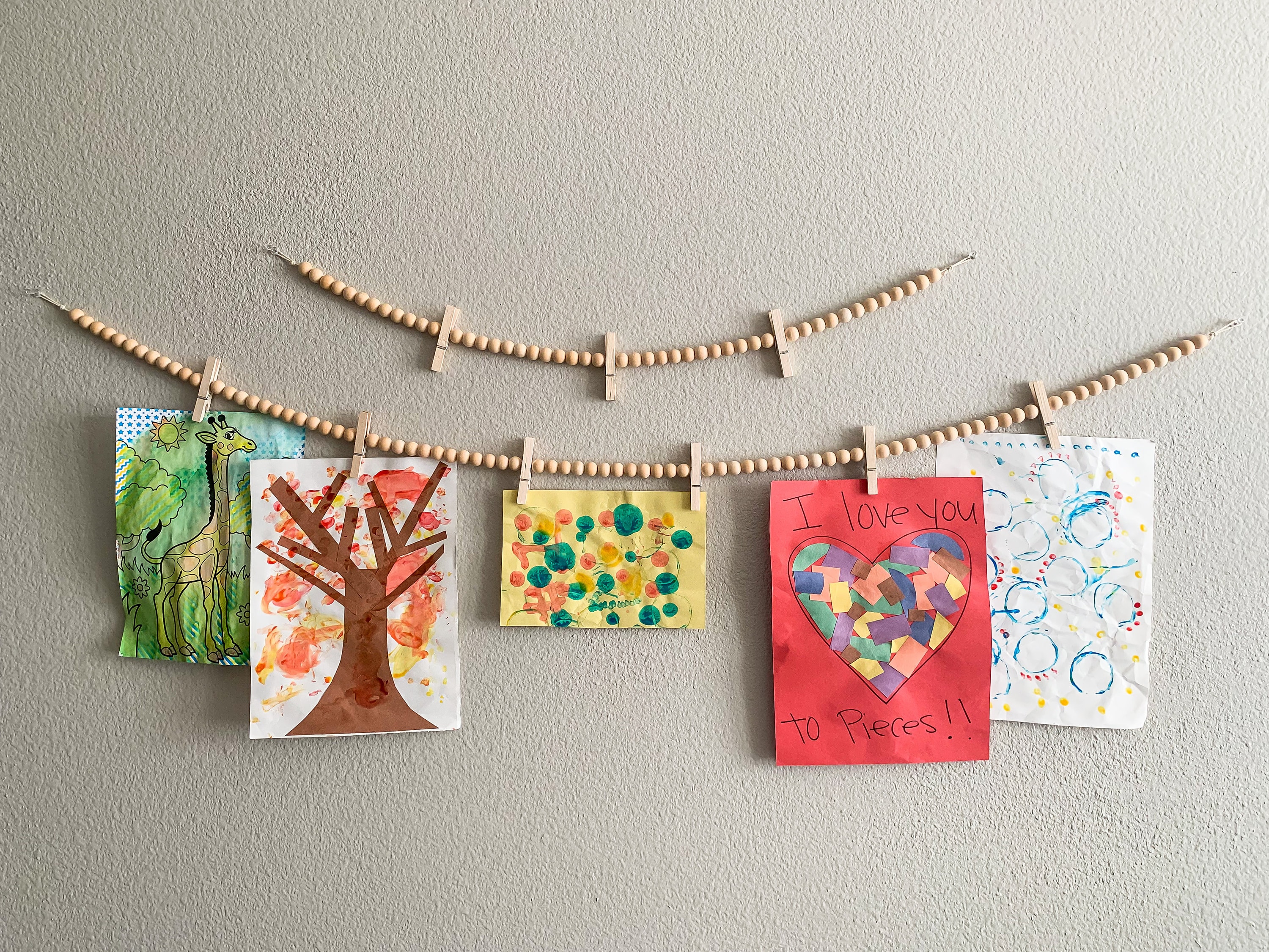 Wood Bead Garland, Clip Garland, Kids Art Display, Wood Bead Garland with Clips, Playroom Decor, Classroom Decor, Photo Display