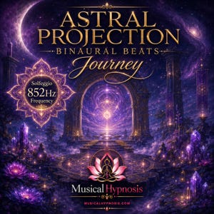 Op de afbeelding: Een digitale afbeelding met de tekst ASTRAL PROJECTION BINAURAL BEATS Journey en Solfeggio 852Hz Frequency. De scène toont een paars kosmisch landschap met een centrale stenen boog, gloeiende kristallen, lotusbloemen en een lotus-icoon.