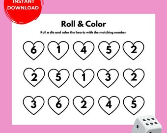 Roll and Color Heart Printable Kids Numbers Game Valentine&#39;s Day Math Activity Preschool Kindergarten Teach Numbers PDF