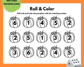 Roll and Color Pumpkin Printable Kids Numbers Game Fall Math Activity Preschool Kindergarten Teach Numbers PDF Homeschool Classroom PDF