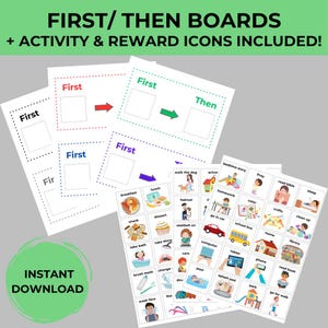 May include: Four printable first/then boards with arrows and blank boxes for writing or drawing.  A set of 36 colorful icons depicting activities and rewards for children.