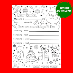 Lettera a Babbo Natale stampabile Caro Babbo Natale Lettera stampabile Lettera a Babbo Natale Pagina da colorare Lista dei desideri di Natale per bambini Lettera digitale a Babbo Natale
