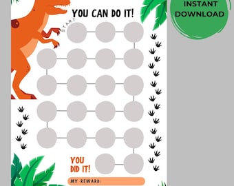 May include: A reward chart with an orange dinosaur illustration and the text "YOU CAN DO IT!" and "YOU DID IT!". The chart has spaces for tracking progress and a reward section. Green foliage and dinosaur footprints decorate the white background. Instant download.