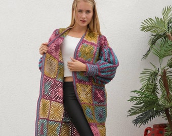 Handmade Bohemian Open Front Colorful Cardigan with Balloon Sleeves - Crochet Granny Long Coat with Striped Sleeves- Perfect Mothers Gift